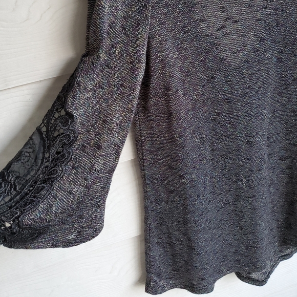 Buckle 3/4 Lace-sleeve Scoop Neck V-back Shimmery Rainbow Metallic Thread Tunic - Picture 10 of 16